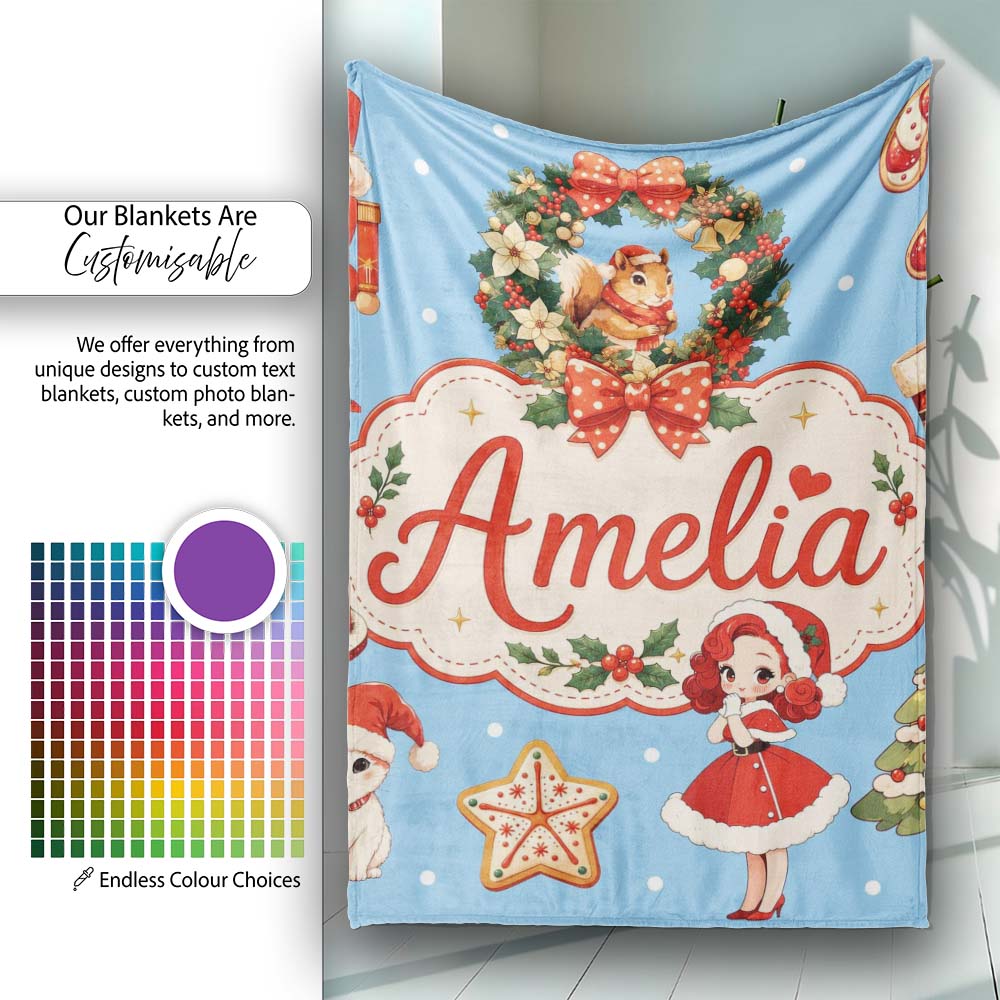 Christmas Nutcracker Squirrel Cake Candy Cane Girl Tree Blue Snow  Personalised Custom Name Super Soft Fleece Blanket Bed Sofa Throw
