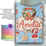Christmas Nutcracker Squirrel Cake Candy Cane Girl Tree Blue Snow  Personalised Custom Name Super Soft Fleece Blanket Bed Sofa Throw