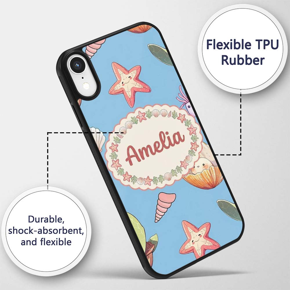 Cute Sea Turtle Starfish Shell Printed Design Custom Name Protective Phone Case Mobile Cover Durable Everyday Smartphone Shock Resistant