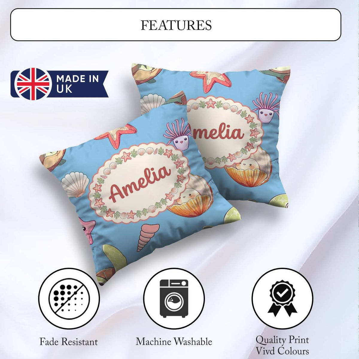 Custom Name Sea Turtle Starfish Shell Kawaii Ocean Seamless Blue Square Filled Cushion Throw Pillow Sofa Bed Home Decor Zip Washable UK Made