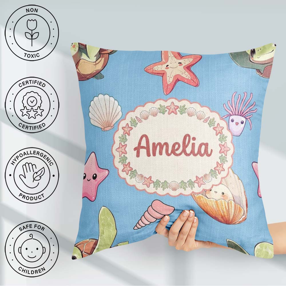 Custom Name Sea Turtle Starfish Shell Kawaii Ocean Seamless Blue Square Filled Cushion Throw Pillow Sofa Bed Home Decor Zip Washable UK Made