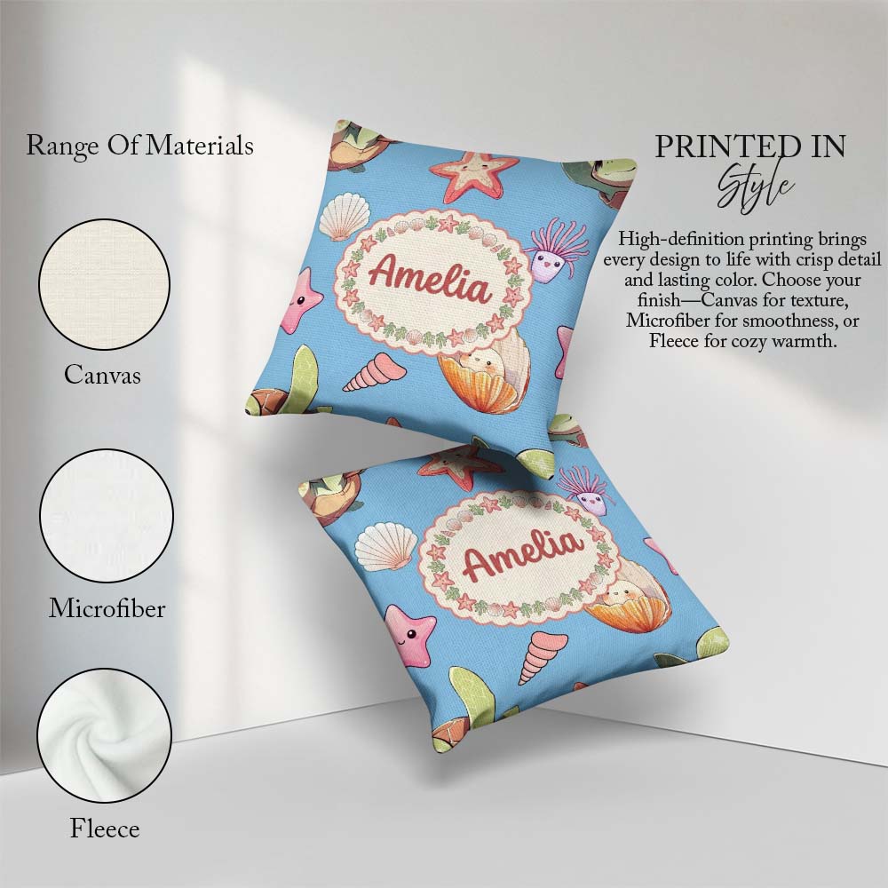 Custom Name Sea Turtle Starfish Shell Kawaii Ocean Seamless Blue Square Filled Cushion Throw Pillow Sofa Bed Home Decor Zip Washable UK Made