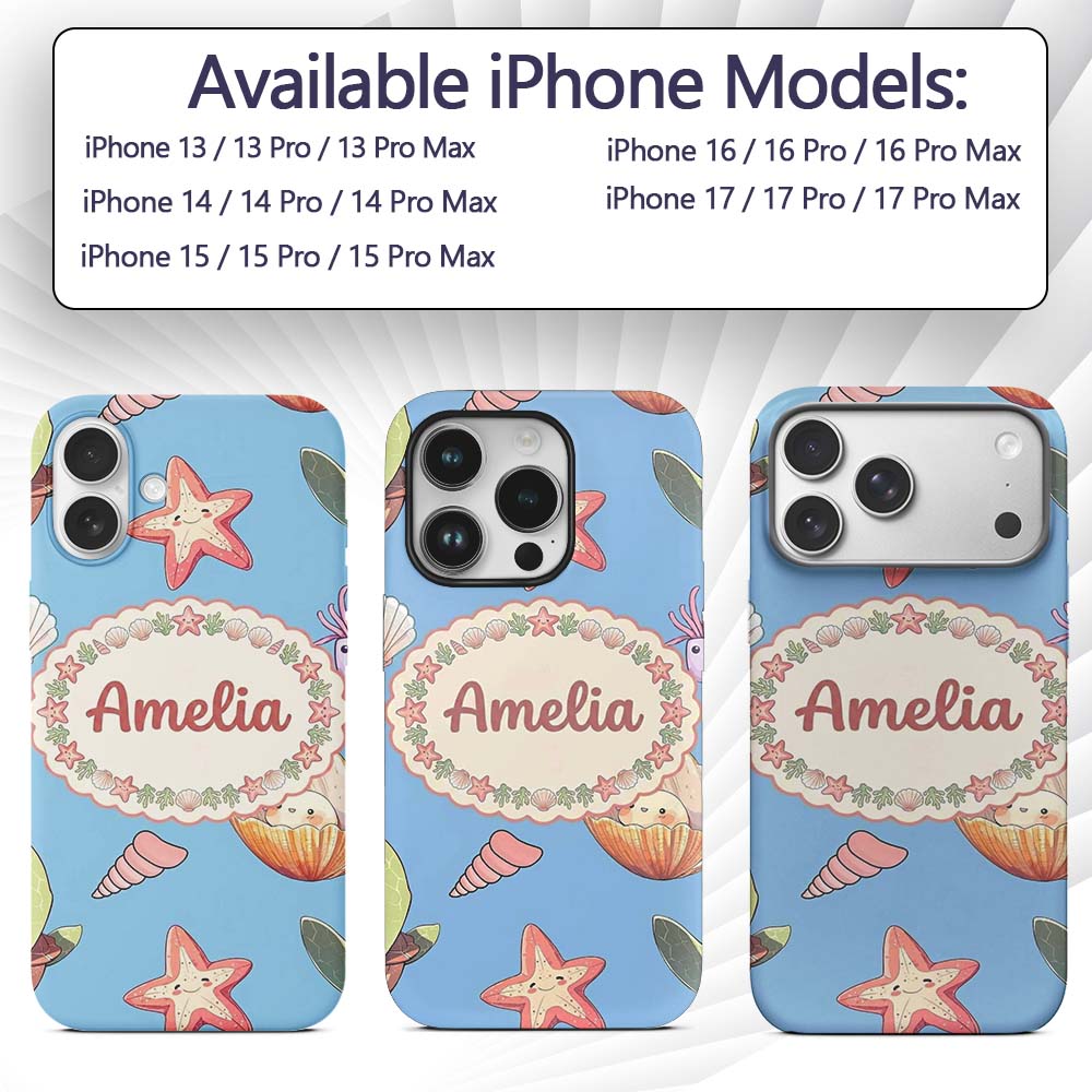 Cute Sea Turtle Starfish Shell Printed Design Custom Name Protective Phone Case Mobile Cover Durable Everyday Smartphone Shock Resistant