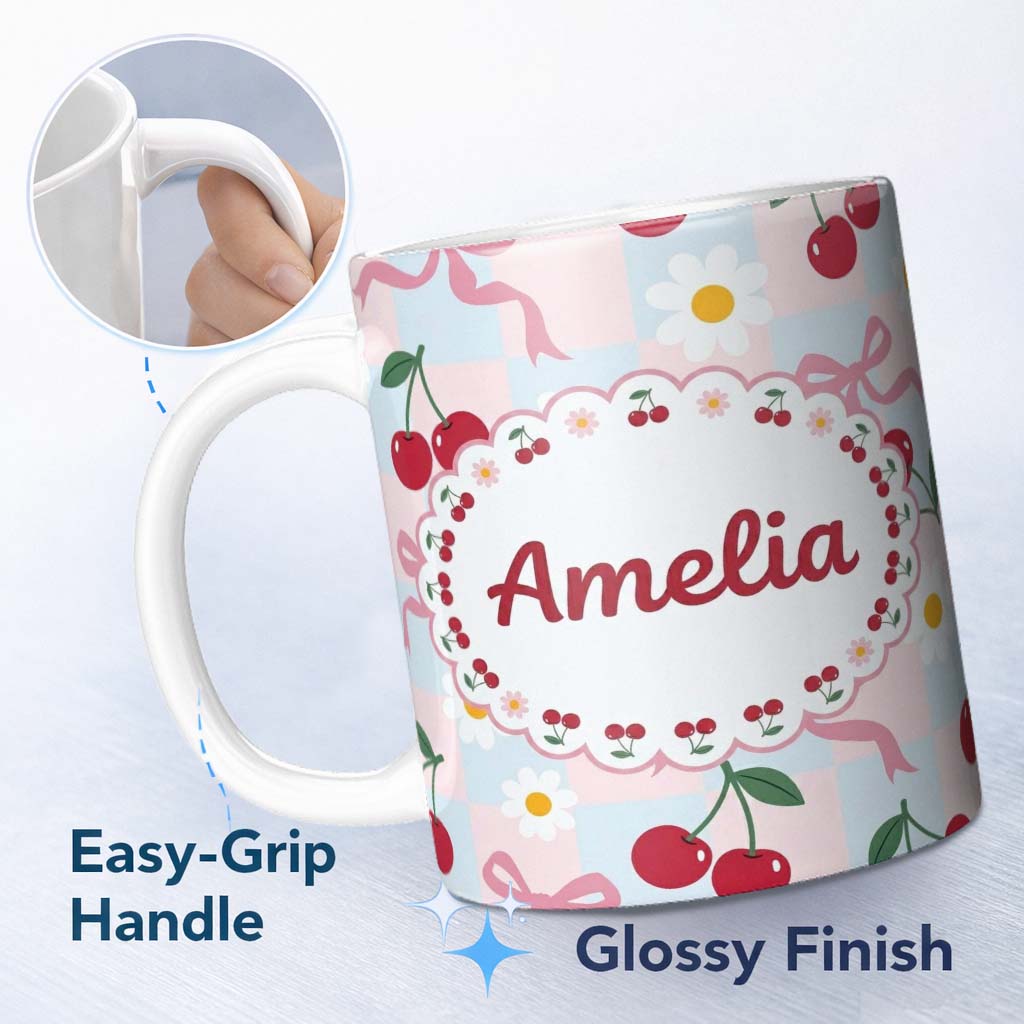 Personalized Custom Name Cute Cherry and Daisy Flowers with Pink Ribbon Bows Blue Check 11oz Ceramic Coffee Tea Mug White Large Handle