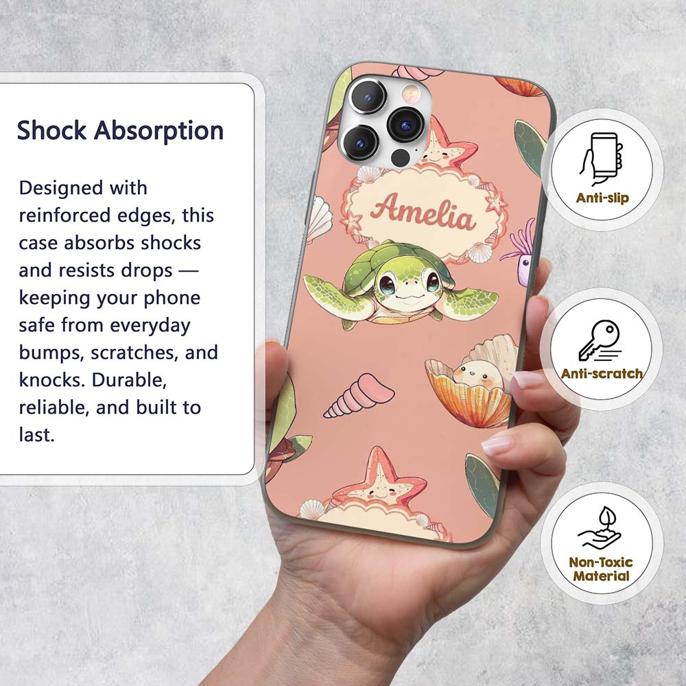 Cute Sea Turtle Starfish Shell Printed Design Custom Name Protective Phone Case Mobile Cover Durable Everyday Smartphone Shock Resistant
