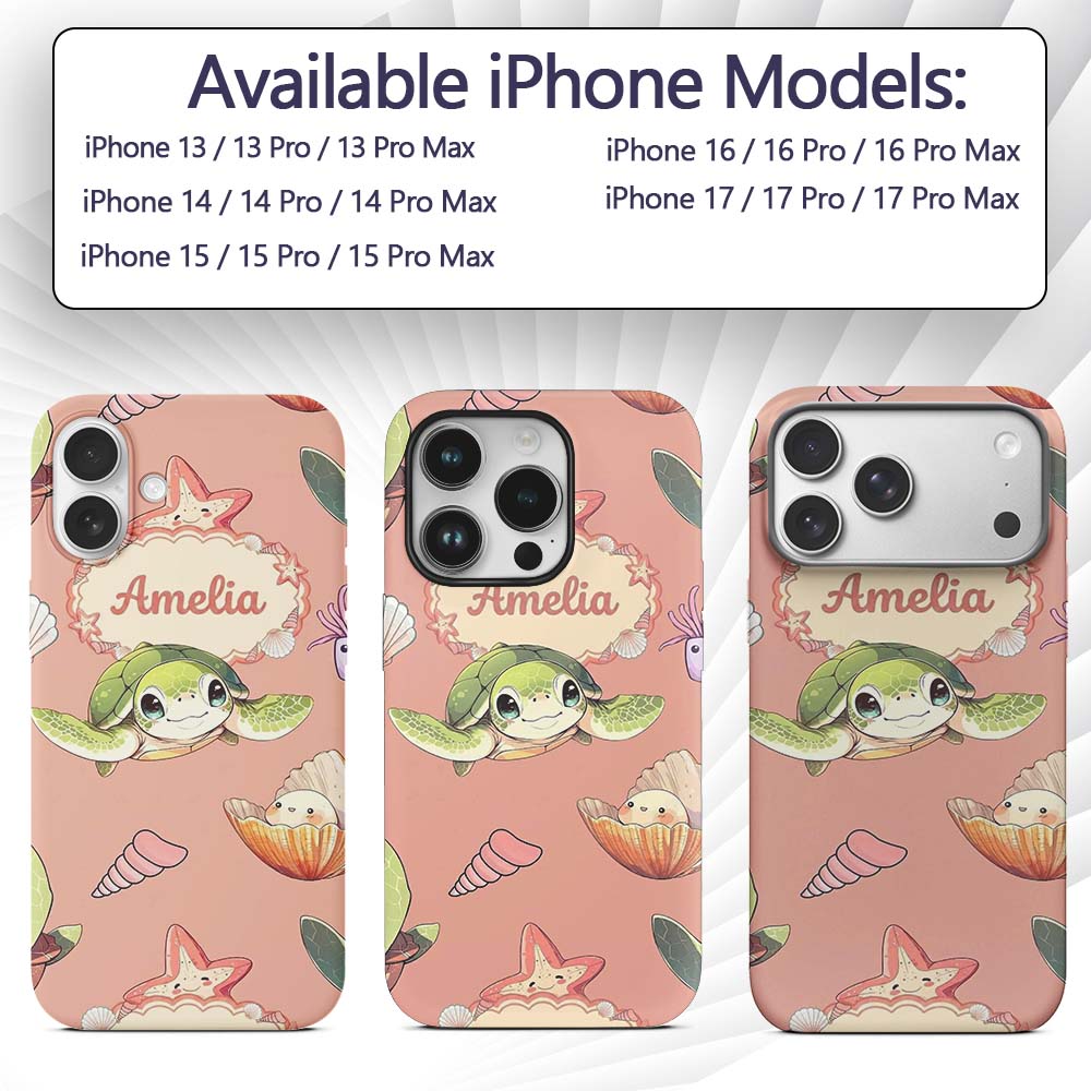 Cute Sea Turtle Starfish Shell Printed Design Custom Name Protective Phone Case Mobile Cover Durable Everyday Smartphone Shock Resistant