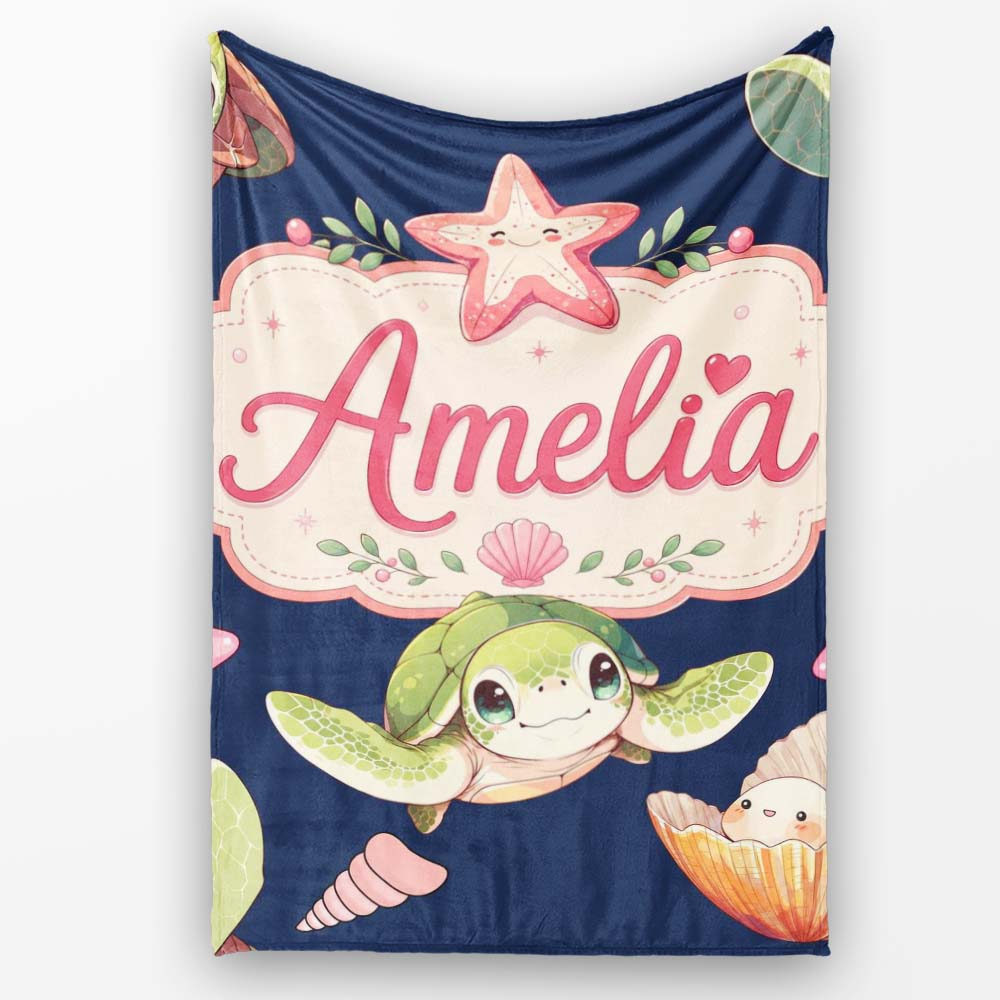 Cute Sea Turtle Starfish Shell Kawaii Ocean Seamless Pattern Navy  Personalised Custom Name Super Soft Fleece Blanket Bed Sofa Throw