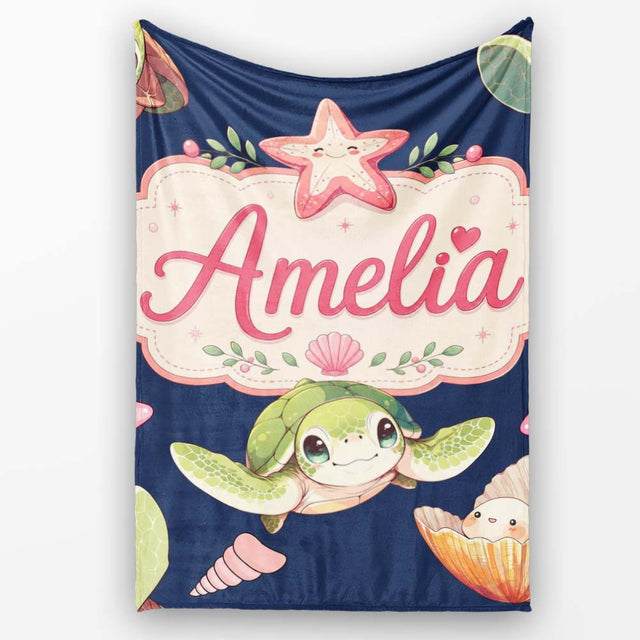 Cute Sea Turtle Starfish Shell Kawaii Ocean Seamless Pattern Navy  Personalised Custom Name Super Soft Fleece Blanket Bed Sofa Throw
