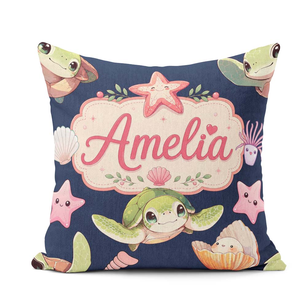 Custom Name Sea Turtle Starfish Shell Kawaii Ocean Seamless Navy Square Filled Cushion Throw Pillow Sofa Bed Home Decor Zip Washable UK Made
