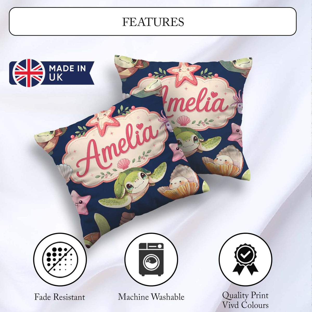 Custom Name Sea Turtle Starfish Shell Kawaii Ocean Seamless Navy Square Filled Cushion Throw Pillow Sofa Bed Home Decor Zip Washable UK Made