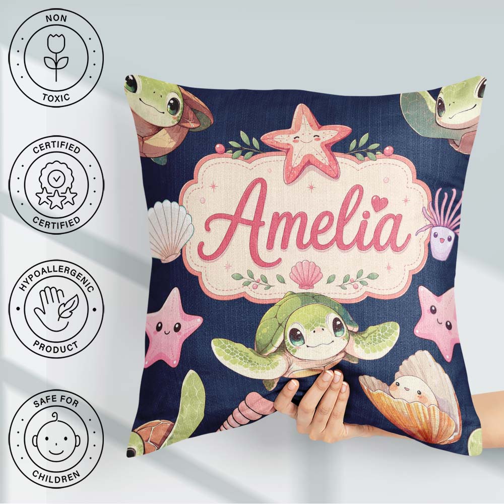 Custom Name Sea Turtle Starfish Shell Kawaii Ocean Seamless Navy Square Filled Cushion Throw Pillow Sofa Bed Home Decor Zip Washable UK Made