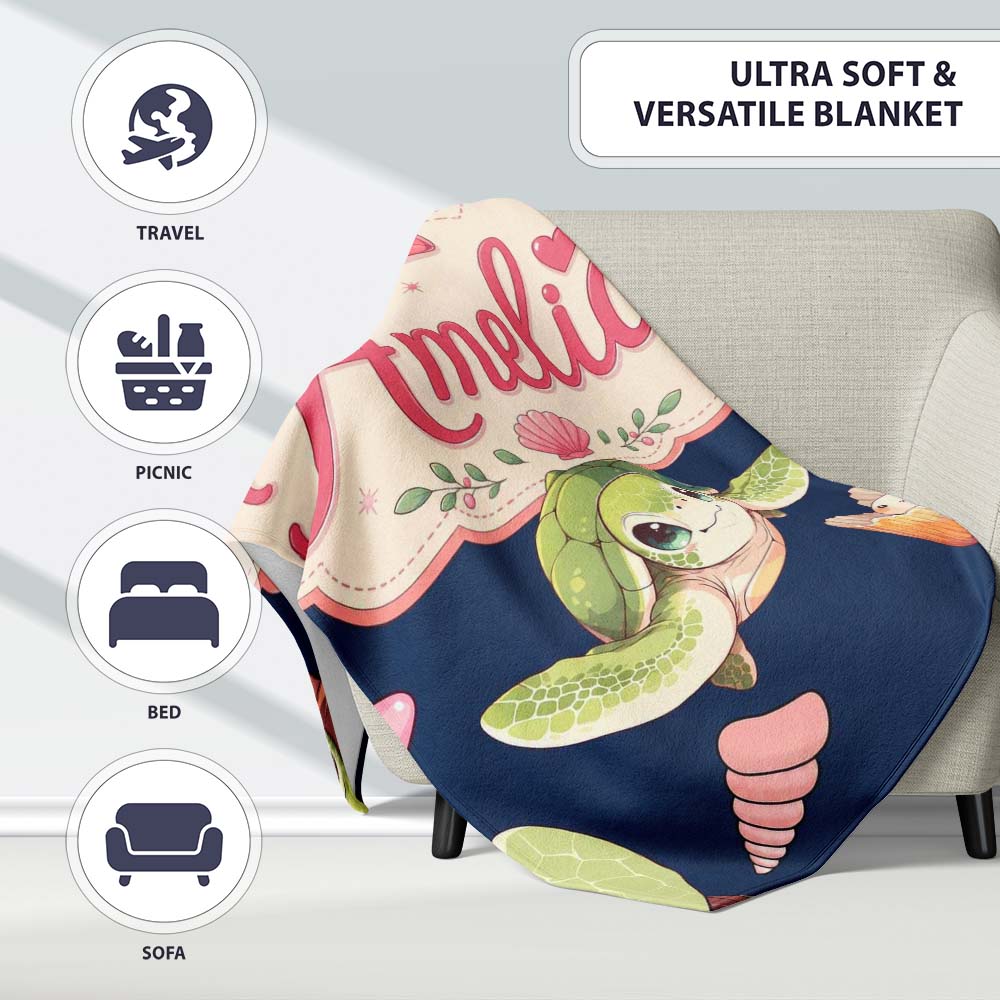 Cute Sea Turtle Starfish Shell Kawaii Ocean Seamless Pattern Navy  Personalised Custom Name Super Soft Fleece Blanket Bed Sofa Throw