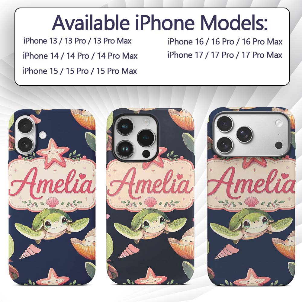 Cute Sea Turtle Starfish Shell Printed Design Custom Name Protective Phone Case Mobile Cover Durable Everyday Smartphone Shock Resistant