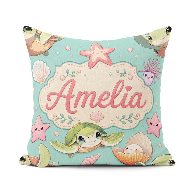 Custom Name Sea Turtle Starfish Shell Kawaii Ocean Seamless Teal Square Filled Cushion Throw Pillow Sofa Bed Home Decor Zip Washable UK Made