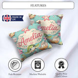 Custom Name Sea Turtle Starfish Shell Kawaii Ocean Seamless Teal Square Filled Cushion Throw Pillow Sofa Bed Home Decor Zip Washable UK Made