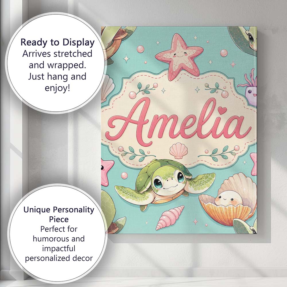 Personalised Name Cute Sea Turtle Starfish Custom  Unique Gift Idea Elegant Feature Canvas Wall Art Print Decor Picture Ready to Hang