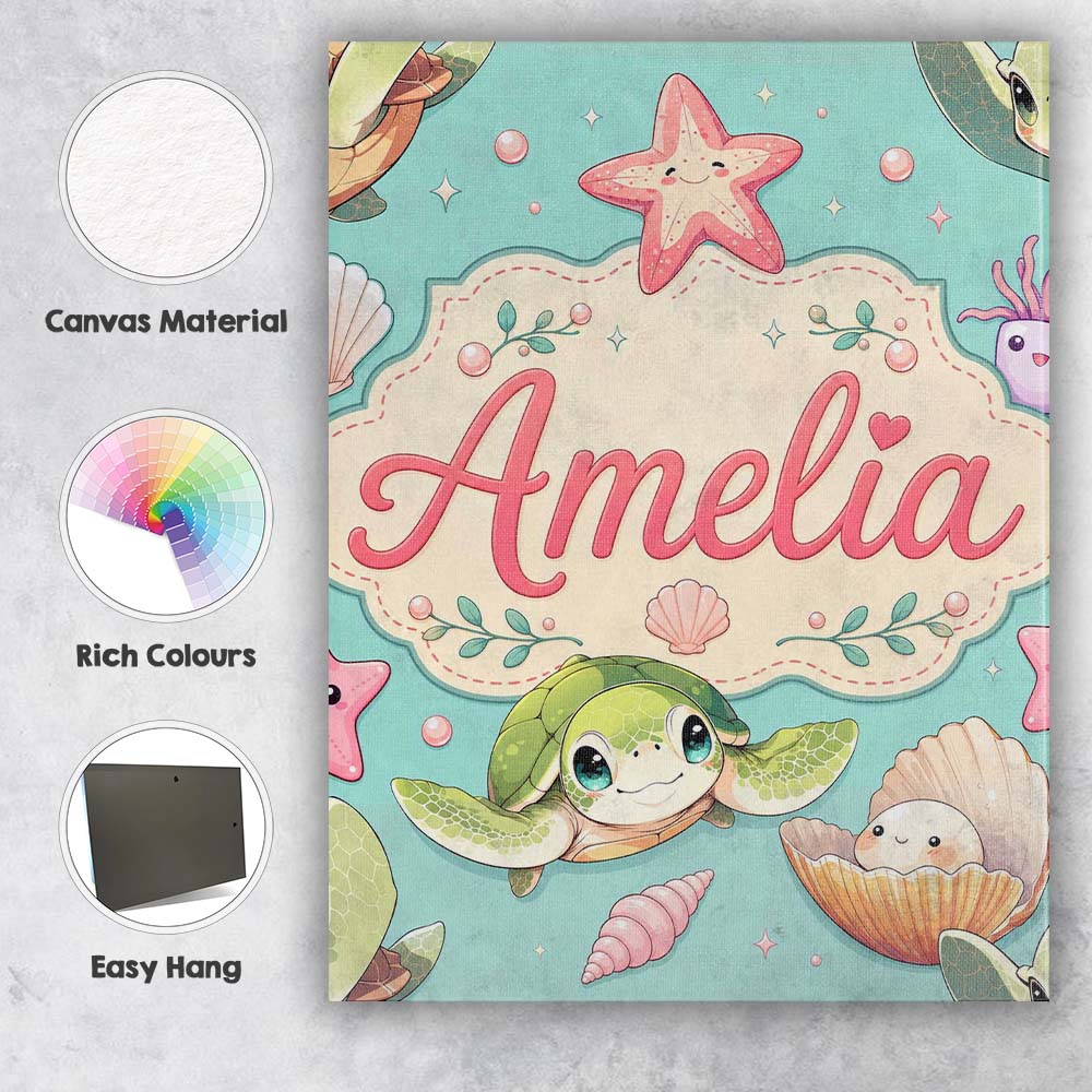 Personalised Name Cute Sea Turtle Starfish Custom  Unique Gift Idea Elegant Feature Canvas Wall Art Print Decor Picture Ready to Hang