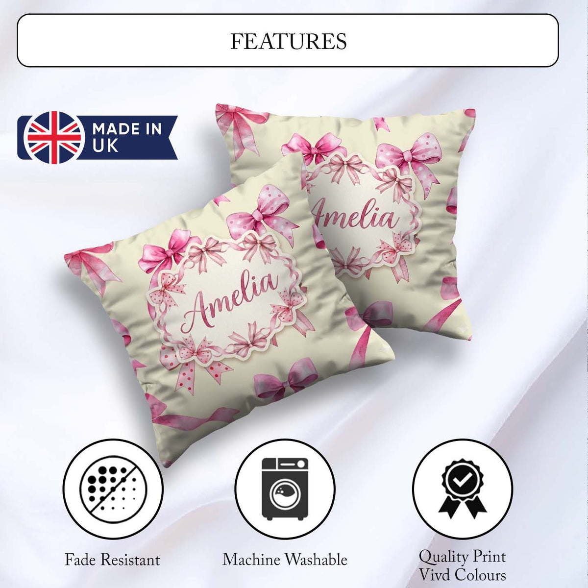 Custom Name Watercolor Pink Lavender Background Seamless Pattern Square Filled Cushion Throw Pillow Sofa Bed Home Decor Zip Washable UK Made