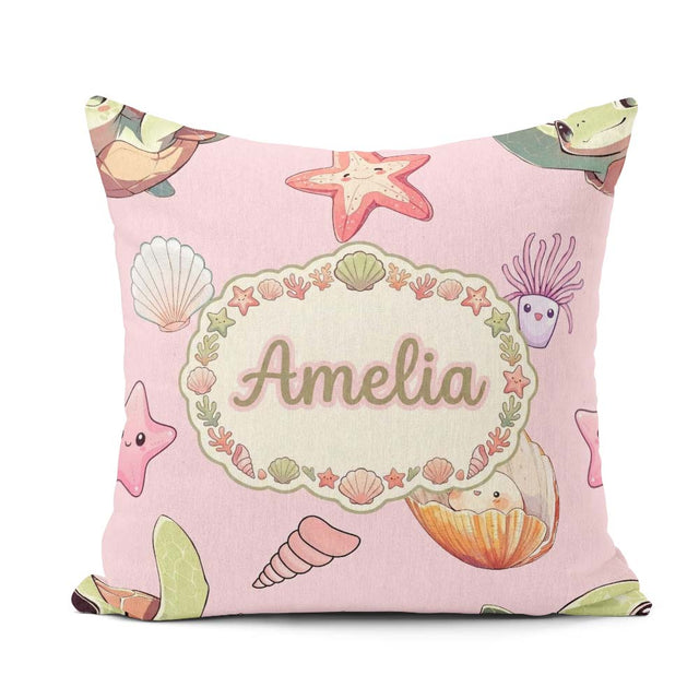 Custom Name Sea Turtle Starfish Shell Kawaii Ocean Seamless Pink Square Filled Cushion Throw Pillow Sofa Bed Home Decor Zip Washable UK Made