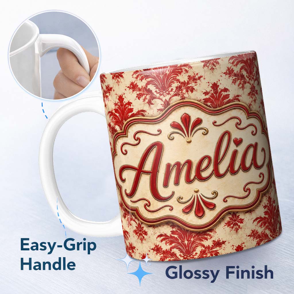 Personalized Custom Name Classic Red Blue Damask Ornamental Seamless Pattern Cute Unique Gift 11oz Ceramic Coffee Tea Mug White Large Handle