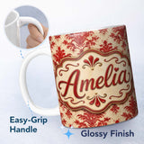 Personalized Custom Name Classic Red Blue Damask Ornamental Seamless Pattern Cute Unique Gift 11oz Ceramic Coffee Tea Mug White Large Handle