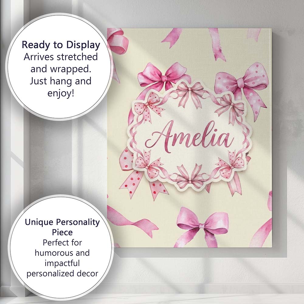 Personalised Name Watercolor Pink Ribbon Bows Lavender Background Custom  Bespoke Canvas Wall Art Print Decor Picture Ready to Hang
