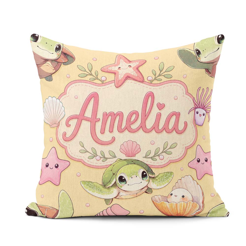 Custom Name Cute Sea Turtle Starfish Shell Kawaii Ocean Seamless Square Filled Cushion Throw Pillow Sofa Bed Home Decor Zip Washable UK Made