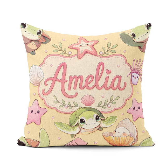 Custom Name Cute Sea Turtle Starfish Shell Kawaii Ocean Seamless Square Filled Cushion Throw Pillow Sofa Bed Home Decor Zip Washable UK Made