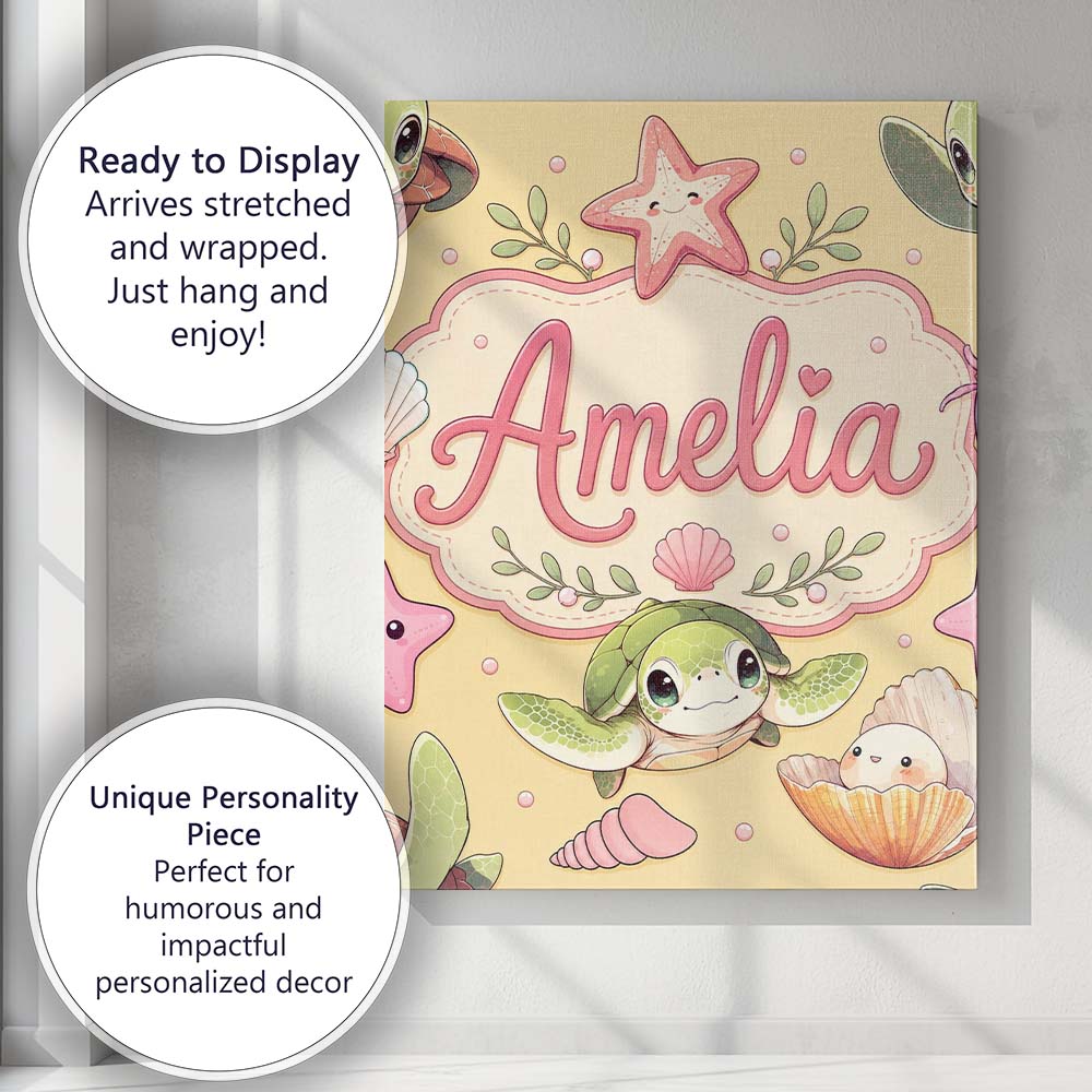 Personalised Name Cute Sea Turtle Starfish Custom  Unique Gift Idea Elegant Feature Canvas Wall Art Print Decor Picture Ready to Hang
