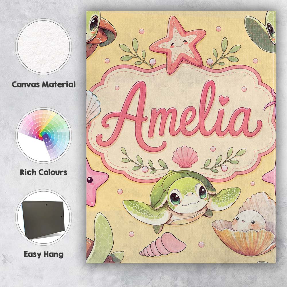Personalised Name Cute Sea Turtle Starfish Custom  Unique Gift Idea Elegant Feature Canvas Wall Art Print Decor Picture Ready to Hang