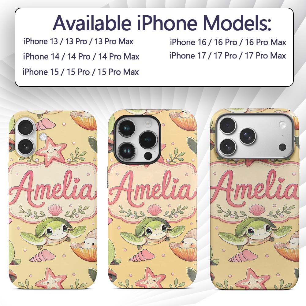 Cute Sea Turtle Starfish Shell Printed Design Custom Name Protective Phone Case Mobile Cover Durable Everyday Smartphone Shock Resistant