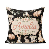 Custom Name Woodland Animals Koala Kangaroo Floral Pattern Black Square Filled Cushion Throw Pillow Sofa Bed Home Decor Zip Washable UK Made