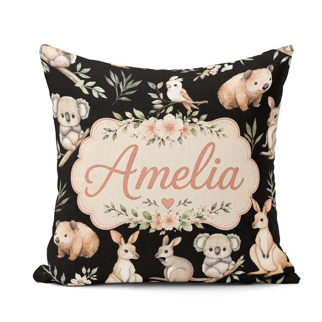 Custom Name Woodland Animals Koala Kangaroo Floral Pattern Black Square Filled Cushion Throw Pillow Sofa Bed Home Decor Zip Washable UK Made
