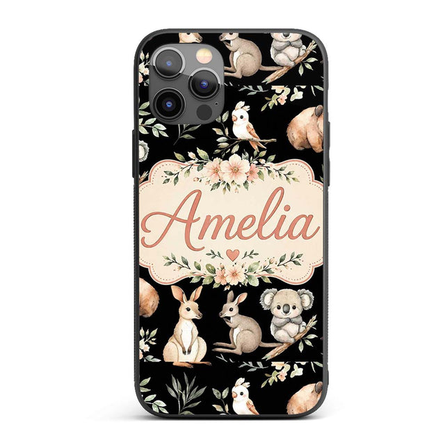 Cute Woodland Animals Koala Kangaroo Bear Floral Custom Name Protective Phone Case Mobile Cover Durable Everyday Smartphone Shock Resistant