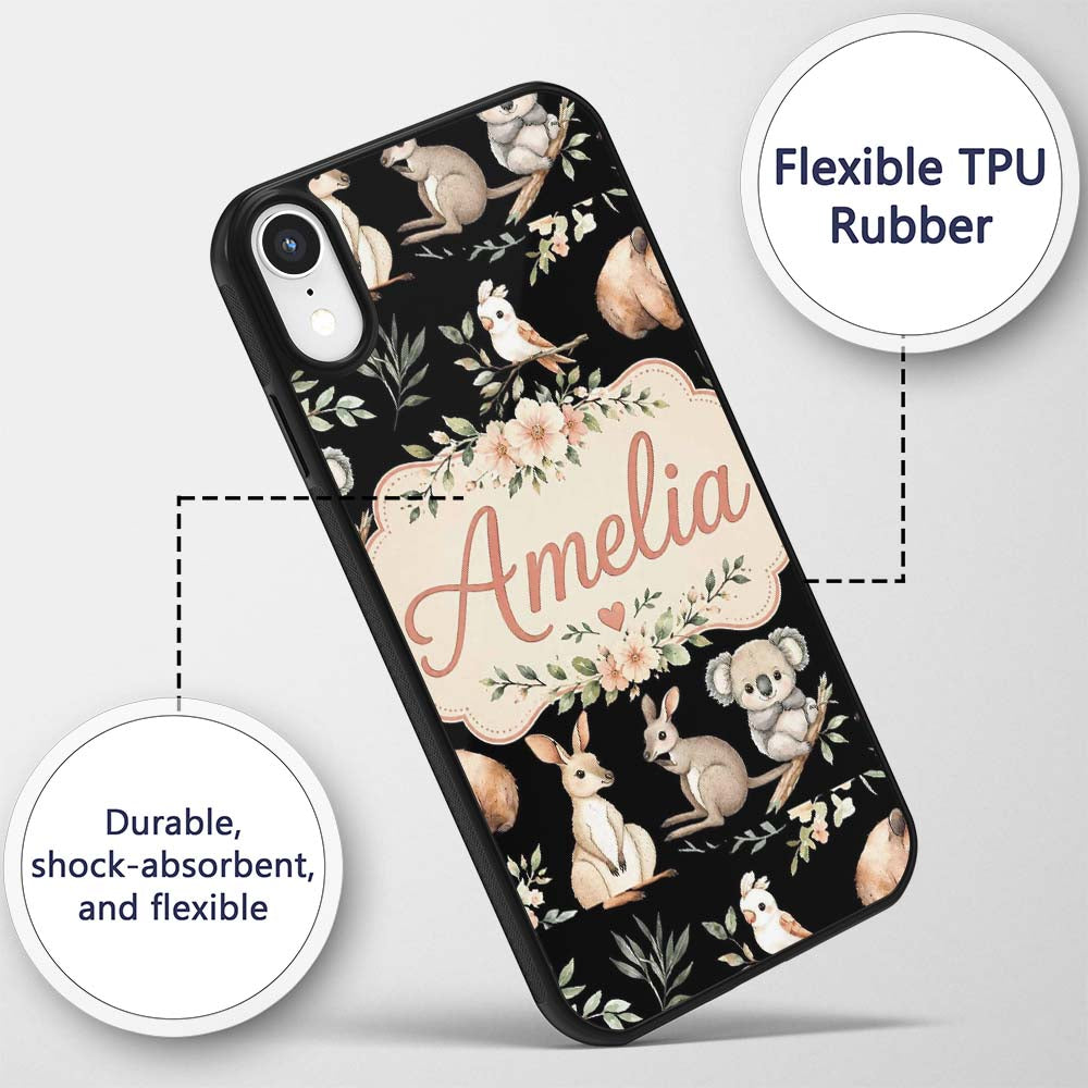 Cute Woodland Animals Koala Kangaroo Bear Floral Custom Name Protective Phone Case Mobile Cover Durable Everyday Smartphone Shock Resistant