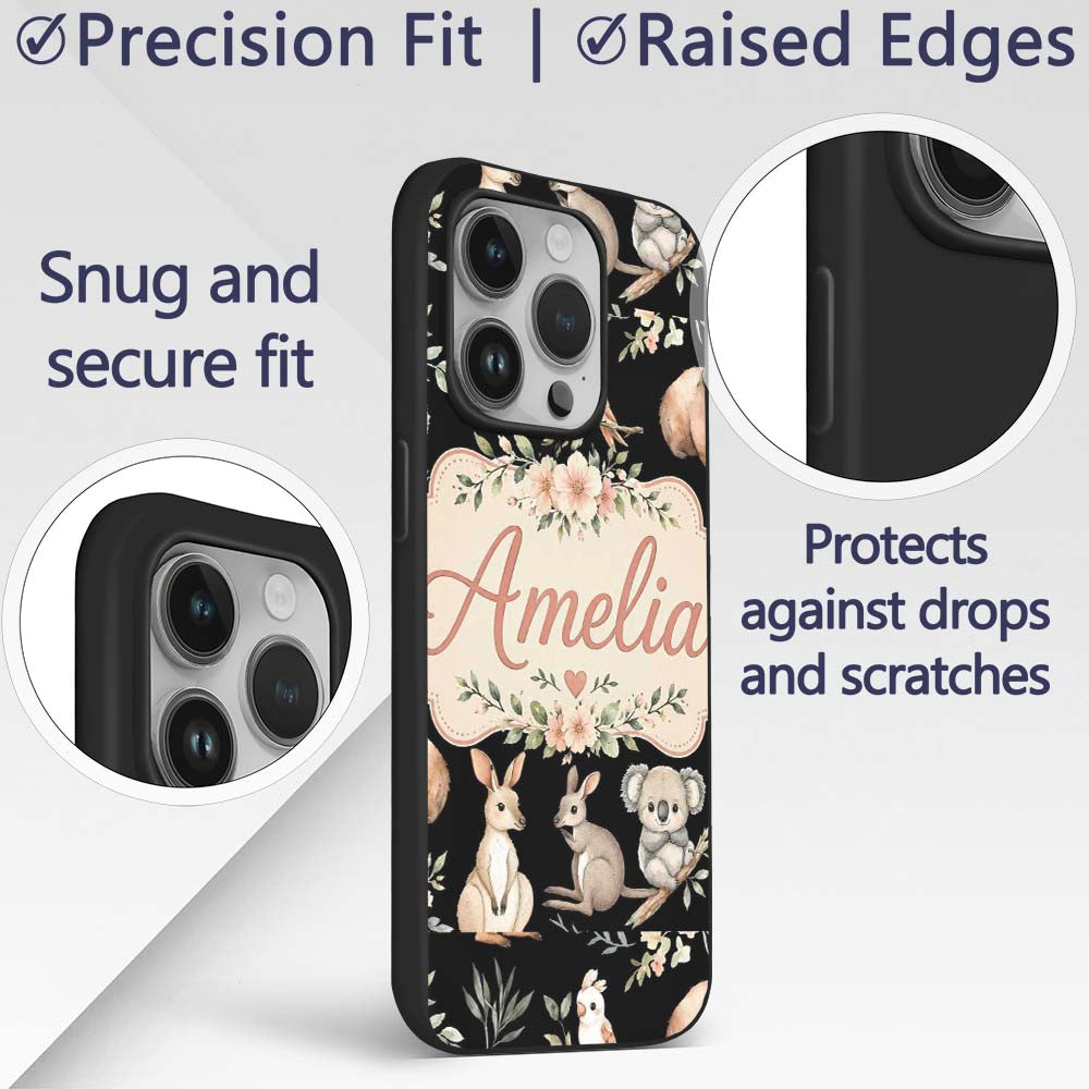 Cute Woodland Animals Koala Kangaroo Bear Floral Custom Name Protective Phone Case Mobile Cover Durable Everyday Smartphone Shock Resistant