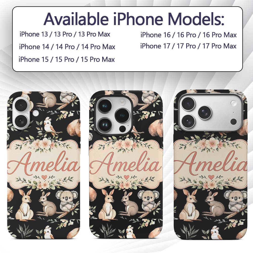 Cute Woodland Animals Koala Kangaroo Bear Floral Custom Name Protective Phone Case Mobile Cover Durable Everyday Smartphone Shock Resistant