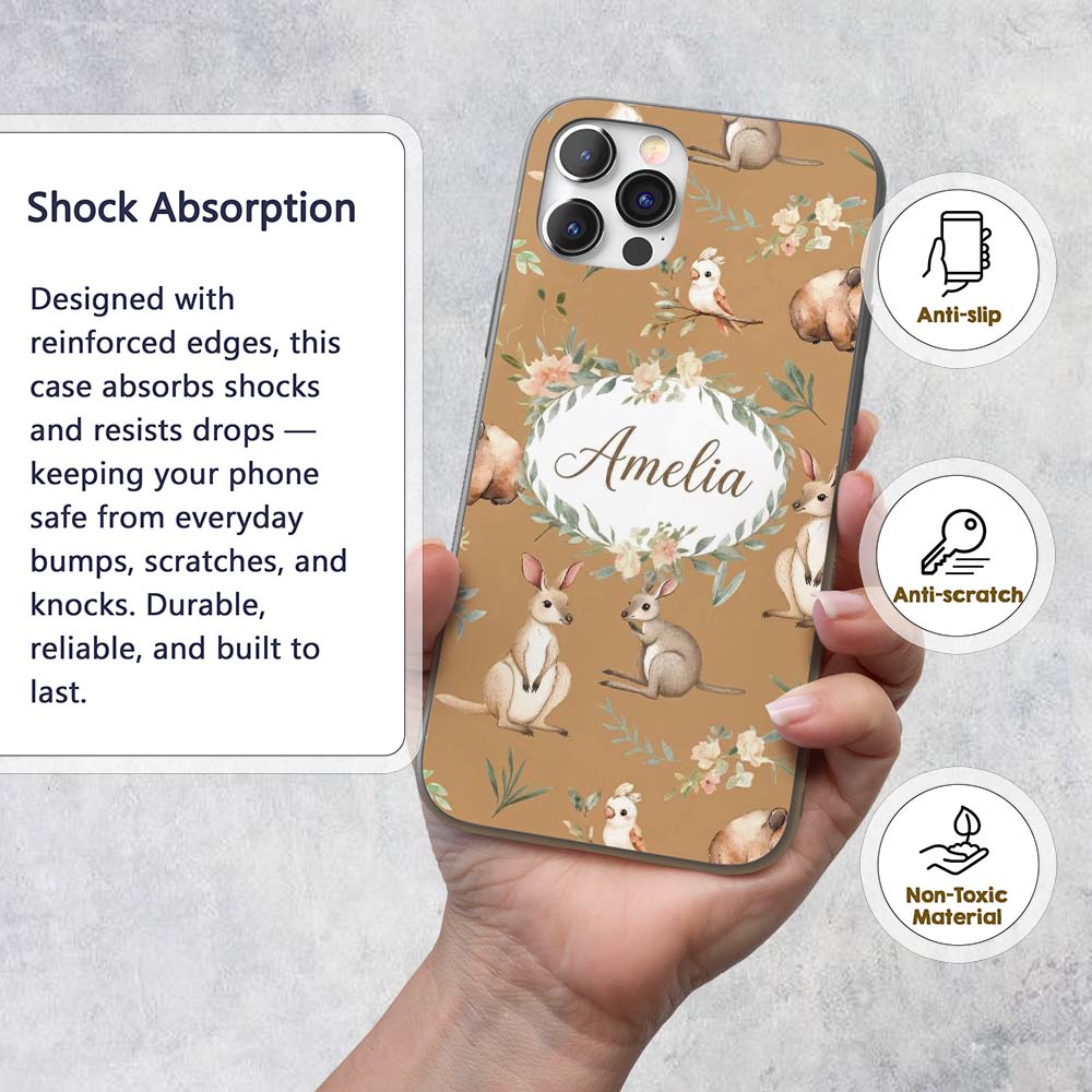 Cute Woodland Animals Koala Kangaroo Bear Floral Custom Name Protective Phone Case Mobile Cover Durable Everyday Smartphone Shock Resistant