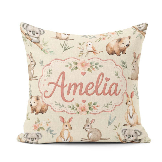 Custom Name Woodland Animals Koala Kangaroo Floral Pattern Cream Square Filled Cushion Throw Pillow Sofa Bed Home Decor Zip Washable UK Made