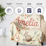 Cute Woodland Animals Koala Kangaroo Bear Floral Pattern Cream  Personalised Custom Name Super Soft Fleece Blanket Bed Sofa Throw