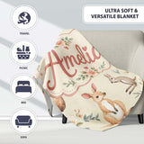 Cute Woodland Animals Koala Kangaroo Bear Floral Pattern Cream  Personalised Custom Name Super Soft Fleece Blanket Bed Sofa Throw