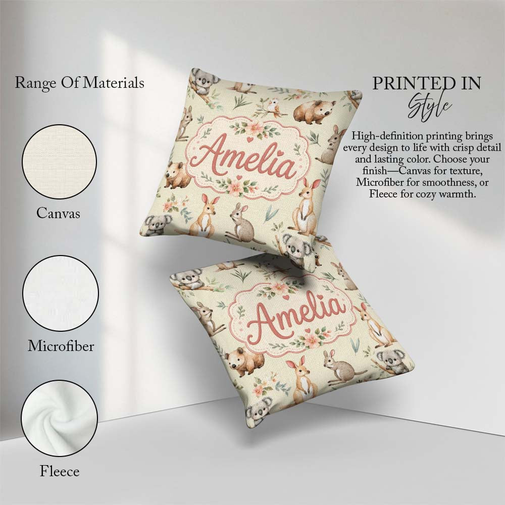 Custom Name Woodland Animals Koala Kangaroo Floral Pattern Cream Square Filled Cushion Throw Pillow Sofa Bed Home Decor Zip Washable UK Made