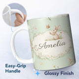 Personalized Custom Name Watercolor Bunny Floral Meadow Pastel Green Seamless Pattern Lovely 11oz Ceramic Coffee Tea Mug White Large Handle