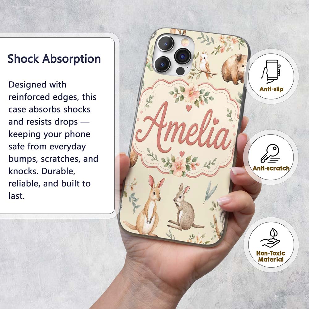 Cute Woodland Animals Koala Kangaroo Bear Floral Custom Name Protective Phone Case Mobile Cover Durable Everyday Smartphone Shock Resistant