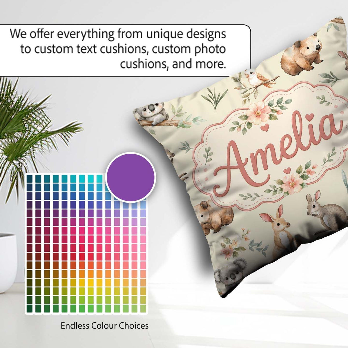 Custom Name Woodland Animals Koala Kangaroo Floral Pattern Cream Square Filled Cushion Throw Pillow Sofa Bed Home Decor Zip Washable UK Made