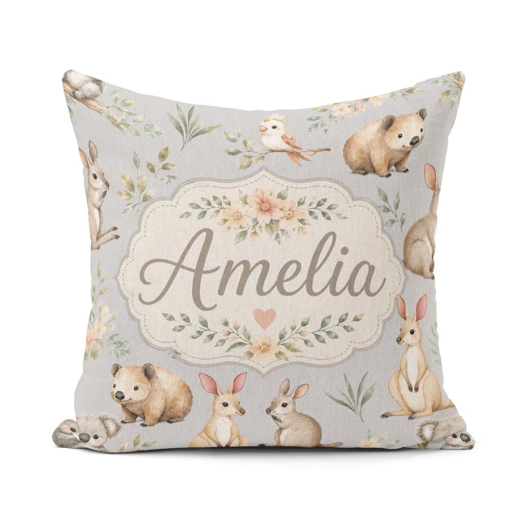 Custom Name Cute Woodland Animals Koala Bear Floral Pattern Grey Square Filled Cushion Throw Pillow Sofa Bed Home Decor Zip Washable UK Made