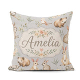 Custom Name Cute Woodland Animals Koala Bear Floral Pattern Grey Square Filled Cushion Throw Pillow Sofa Bed Home Decor Zip Washable UK Made