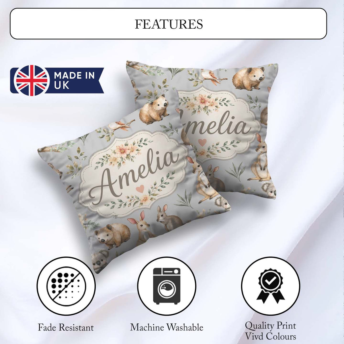 Custom Name Cute Woodland Animals Koala Bear Floral Pattern Grey Square Filled Cushion Throw Pillow Sofa Bed Home Decor Zip Washable UK Made