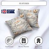 Custom Name Cute Woodland Animals Koala Bear Floral Pattern Grey Square Filled Cushion Throw Pillow Sofa Bed Home Decor Zip Washable UK Made