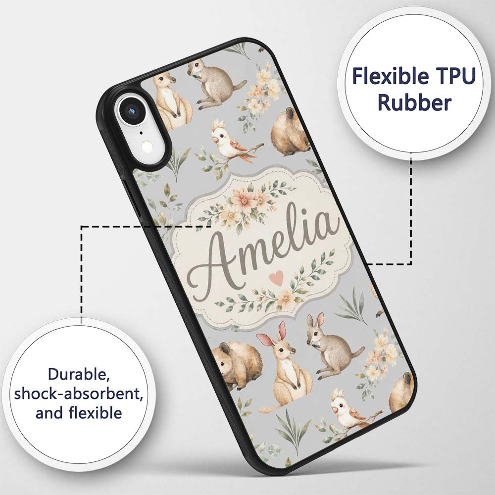 Cute Woodland Animals Koala Kangaroo Bear Floral Custom Name Protective Phone Case Mobile Cover Durable Everyday Smartphone Shock Resistant